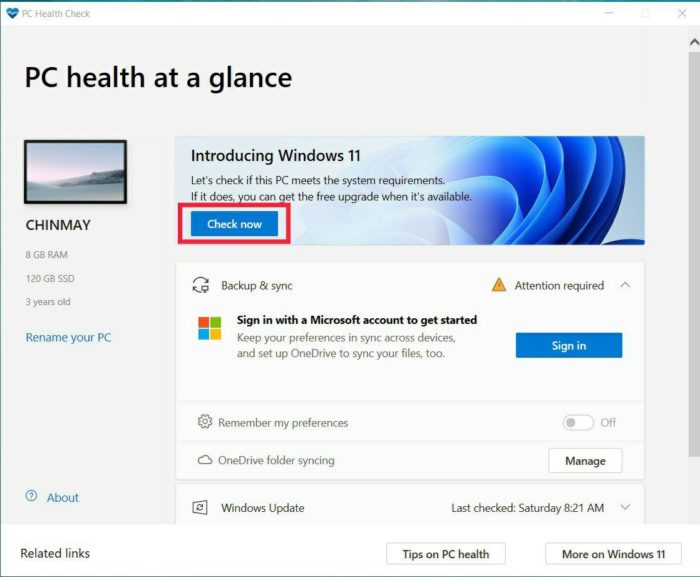 Приложение PC Health Check — окно с кнопкой проверки