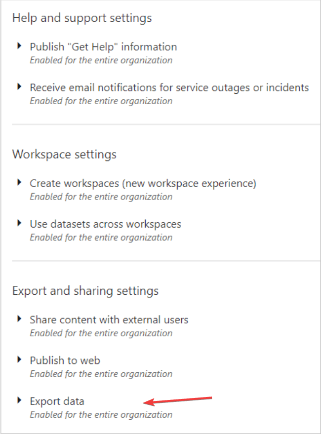 Power BI — экспорт данных в настройках арендатора