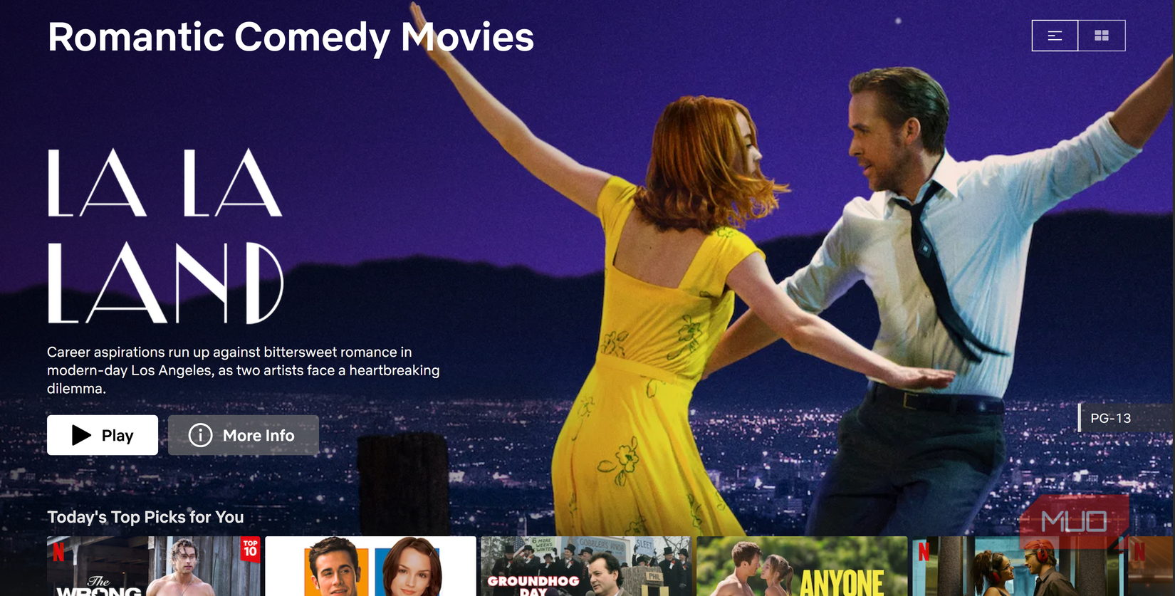 homepage della sezione Romantic Comedy di Netflix