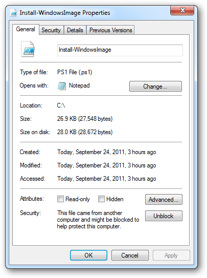 Кнопка Разблокировать в окне свойств файла после загрузки из интернета