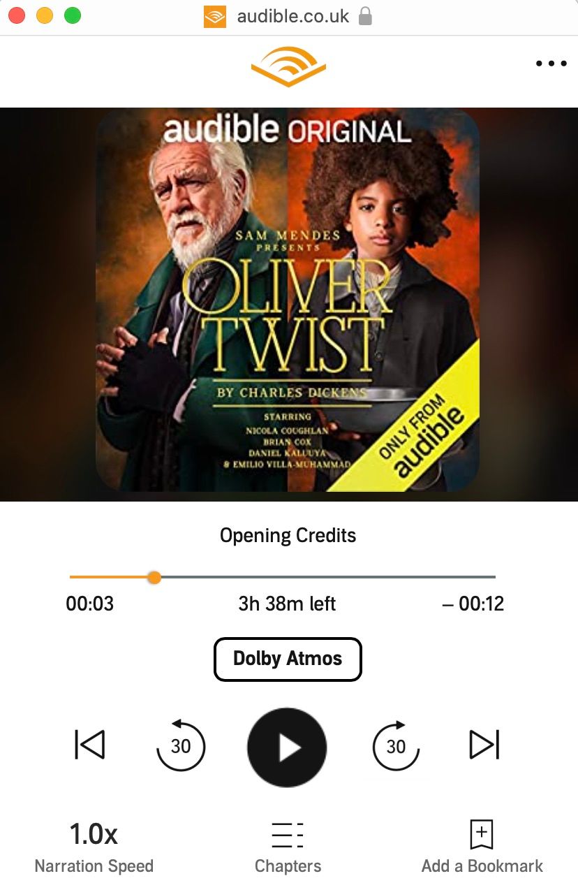 Скриншот плеера Audible с «Оливером Твистом» в Dolby Atmos