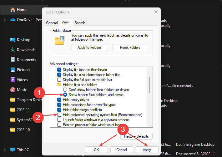 Параметры показа скрытых и системных файлов