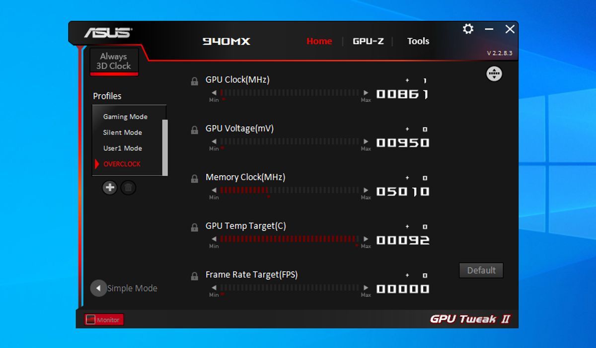 ASUS GPU Tweak II: включение параметра расширения диапазона разгона