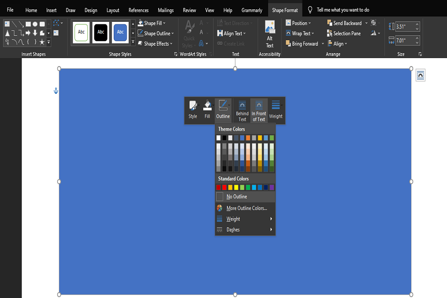 Установка отсутствия контура у фигуры в Microsoft Word