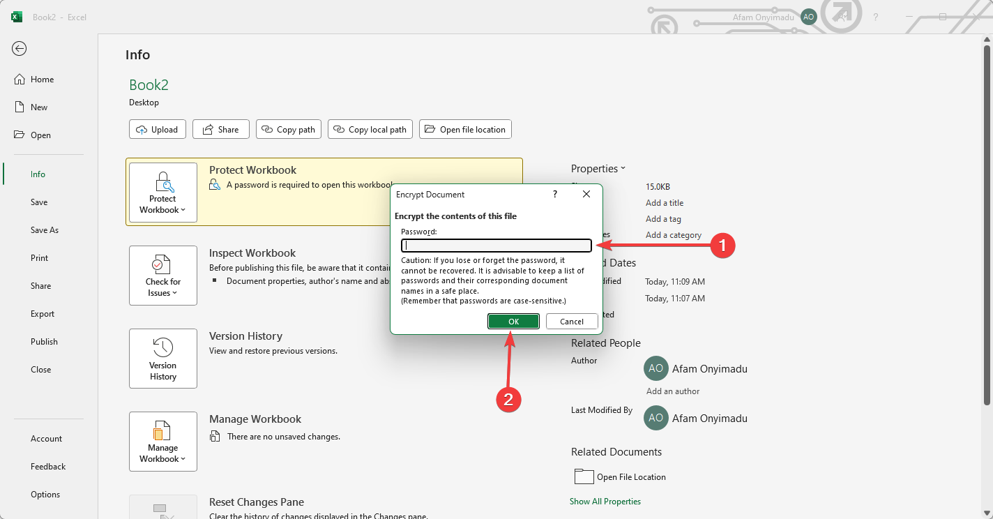 Окно Шифровать паролем в Excel