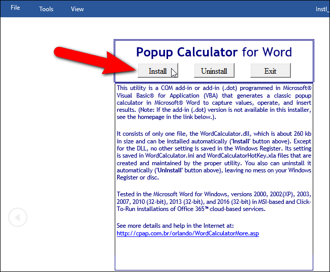 Кнопка Install в документе-инсталляторе