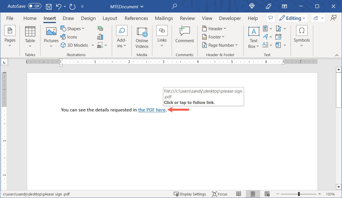 Гиперссылка в документе Word
