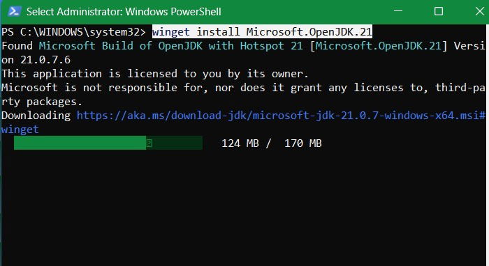 Процесс скачивания и установки Java через WinGet в PowerShell