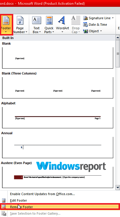 Удаление нижнего колонтитула в Word Online