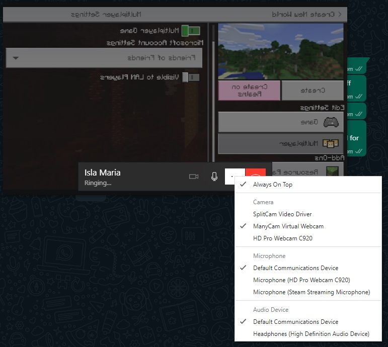 Выбор ManyCam как виртуальной камеры в WhatsApp Desktop