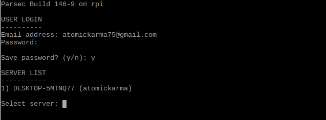 Выбор сервера Parsec в клиенте Raspberry Pi