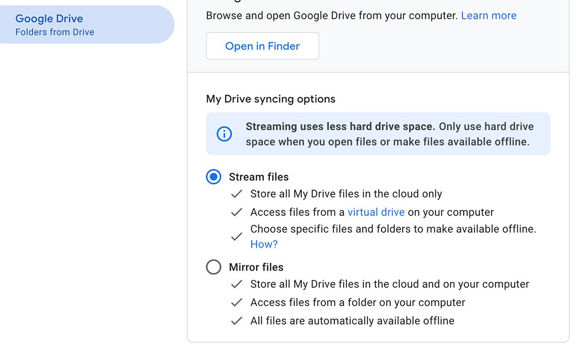 Параметры синхронизации Google Drive