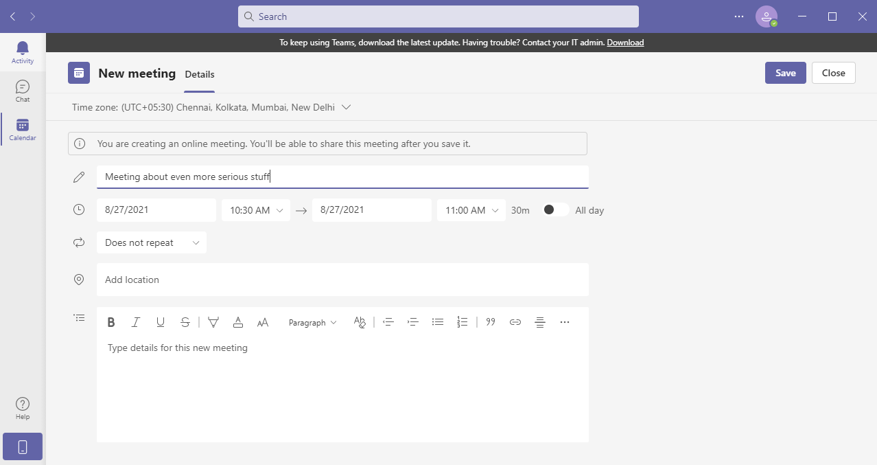 Создание встречи заранее
