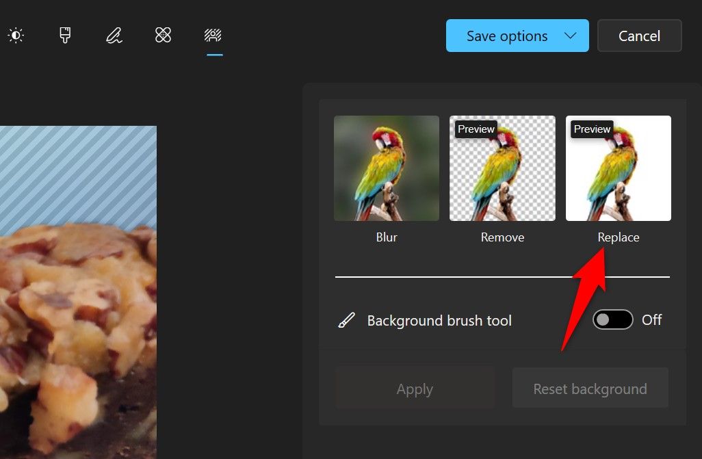 'Опция «Заменить» в правой панели Photos выделена.