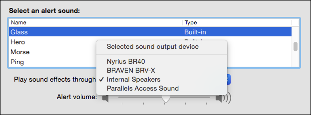 Скриншот выбора устройства для звуковых эффектов; по умолчанию внутренние колонки