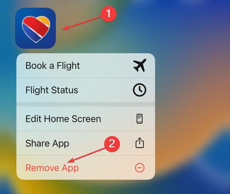 Удаление приложения Southwest на iPhone — шаг 1