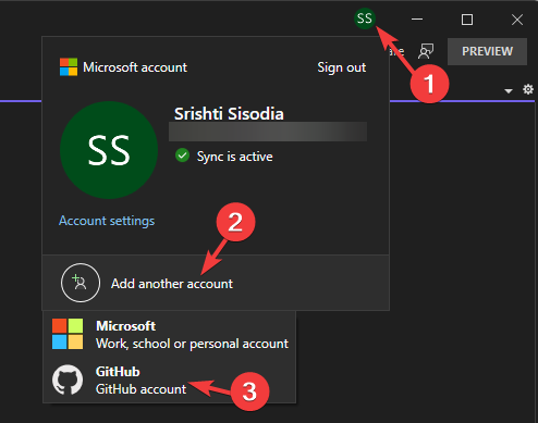 Диалог добавления аккаунта GitHub в Visual Studio
