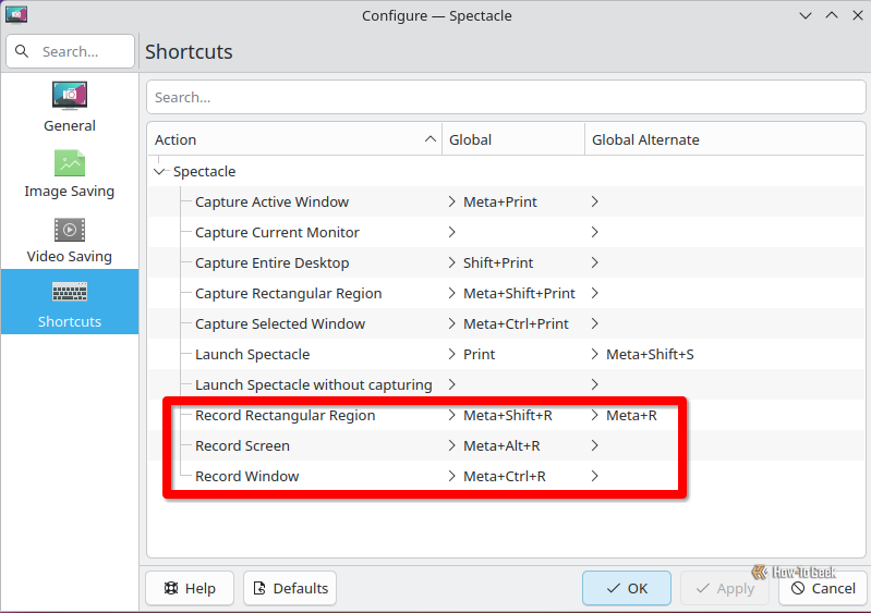 Shortcut configuration for Spectacle, with a red rectangle around the screen recording options.