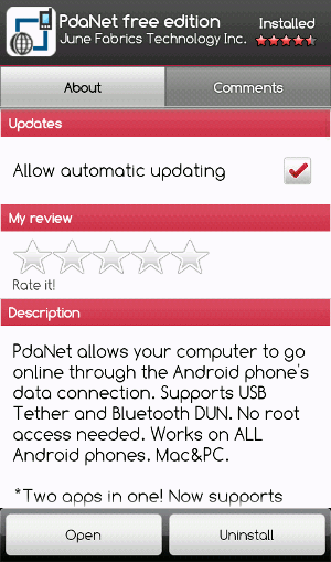 PdaNet в Android Market на телефоне