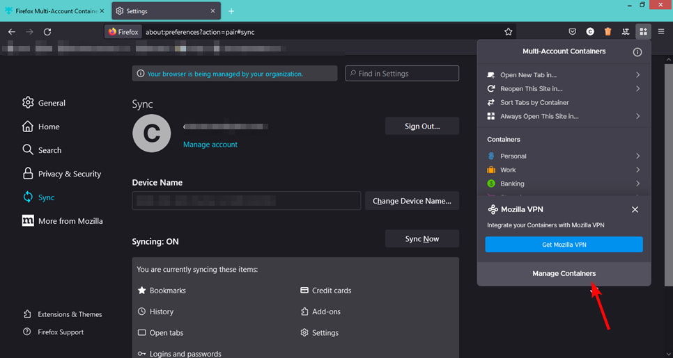 Меню 'Управление контейнерами' в Firefox