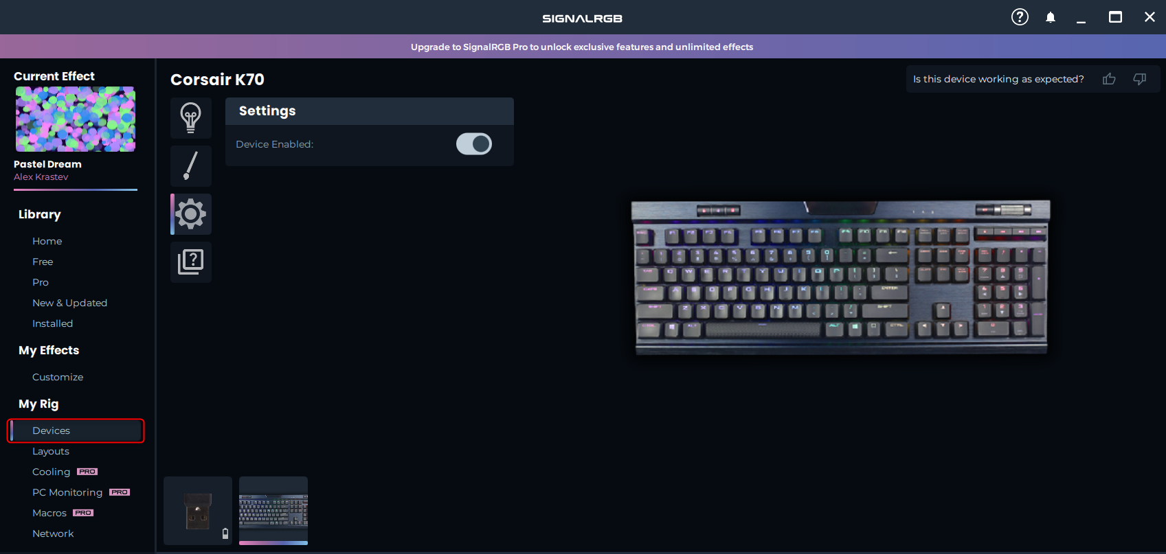 Интерфейс SignalRGB с отображённой клавиатурой Corsair K70 в списке устройств.