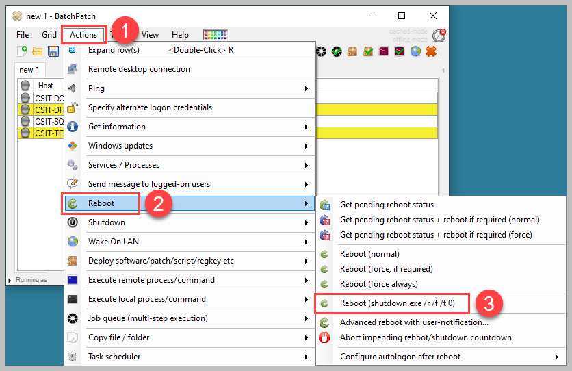 Actions > Reboot to reboot selected computers in the grid