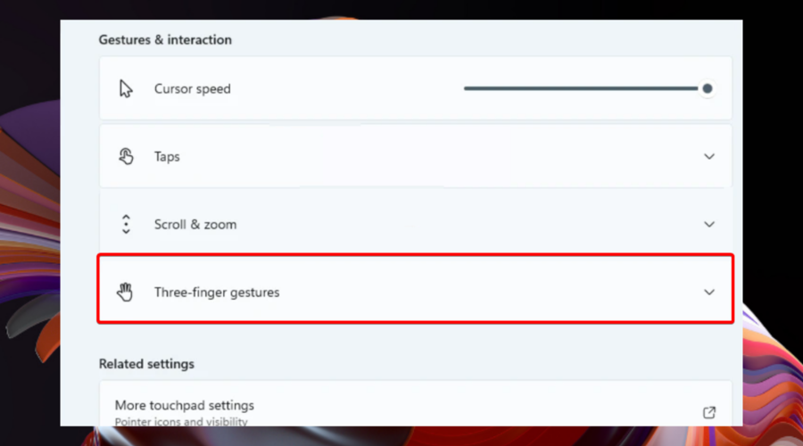 Опции трёхпальцевых жестов в параметрах тачпада