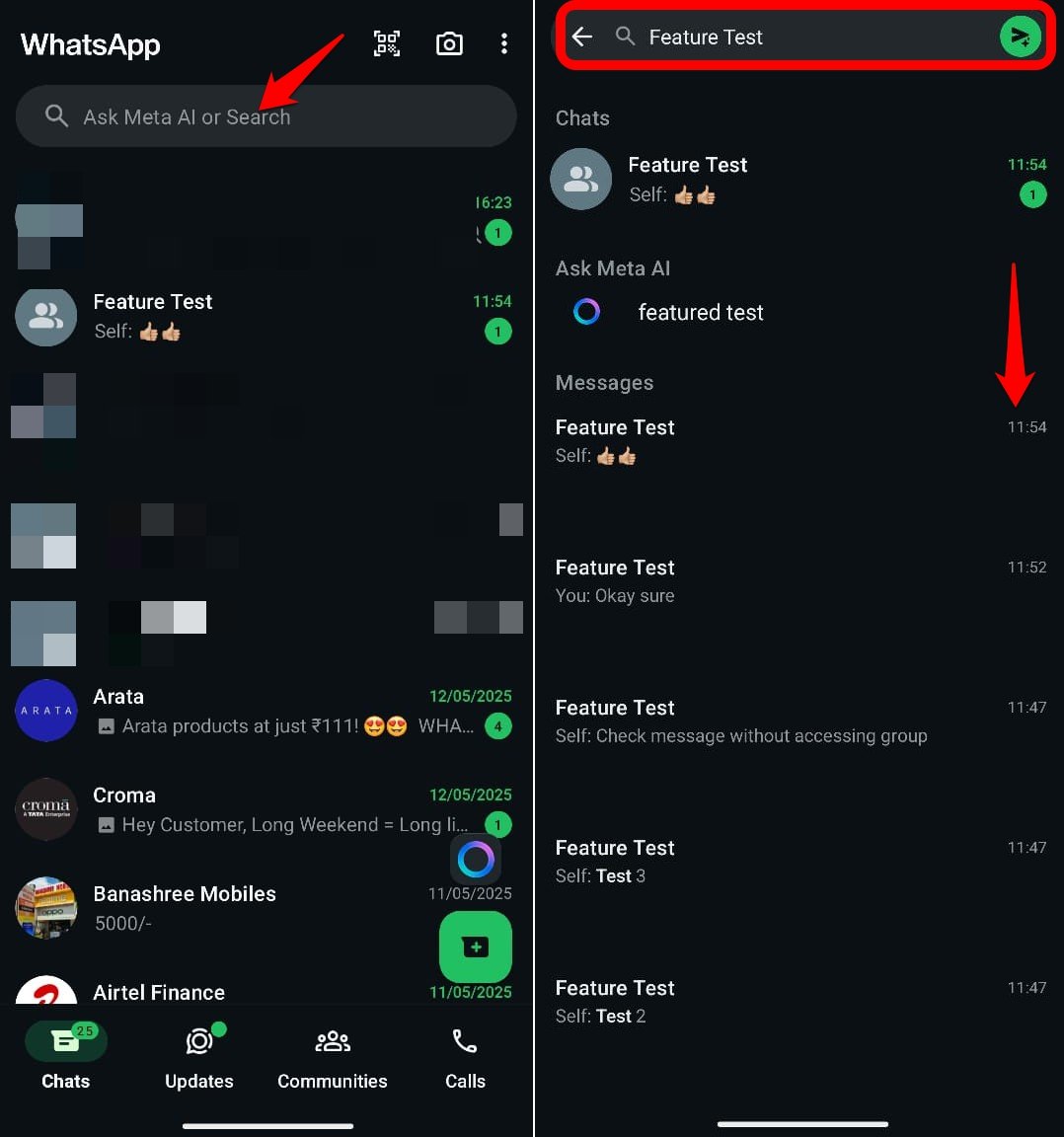 Просмотр сообщений группы через поиск в WhatsApp