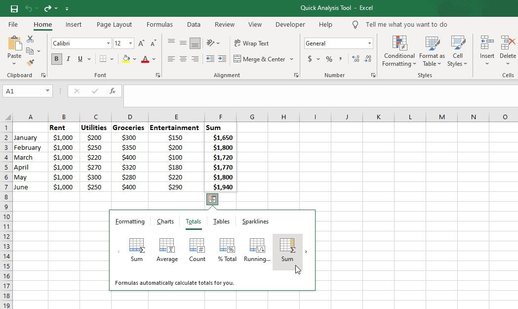 Сумма по строкам, добавленных через Quick Analysis
