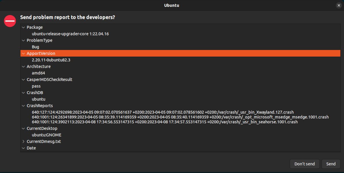 кнопка отправки отчёта об ошибке в Ubuntu