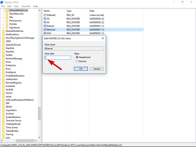 Изменение значения Ethernet в DefaultMediaCost на 2