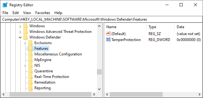 Параметр TamperProtection в реестре Windows