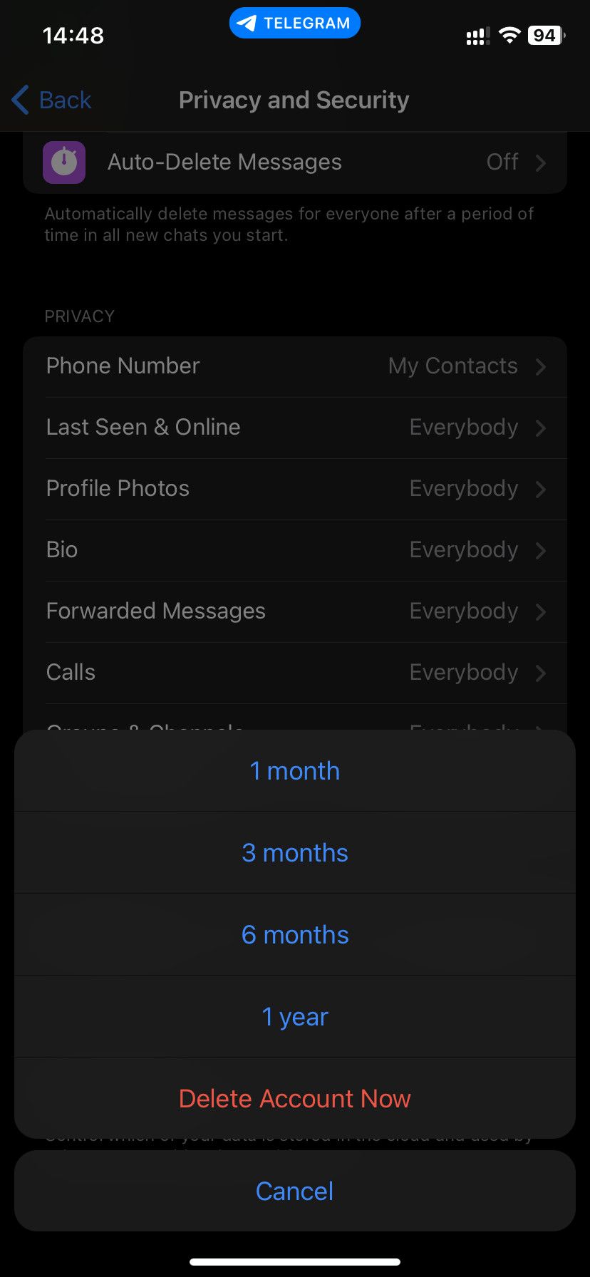 Telegram account deletion option