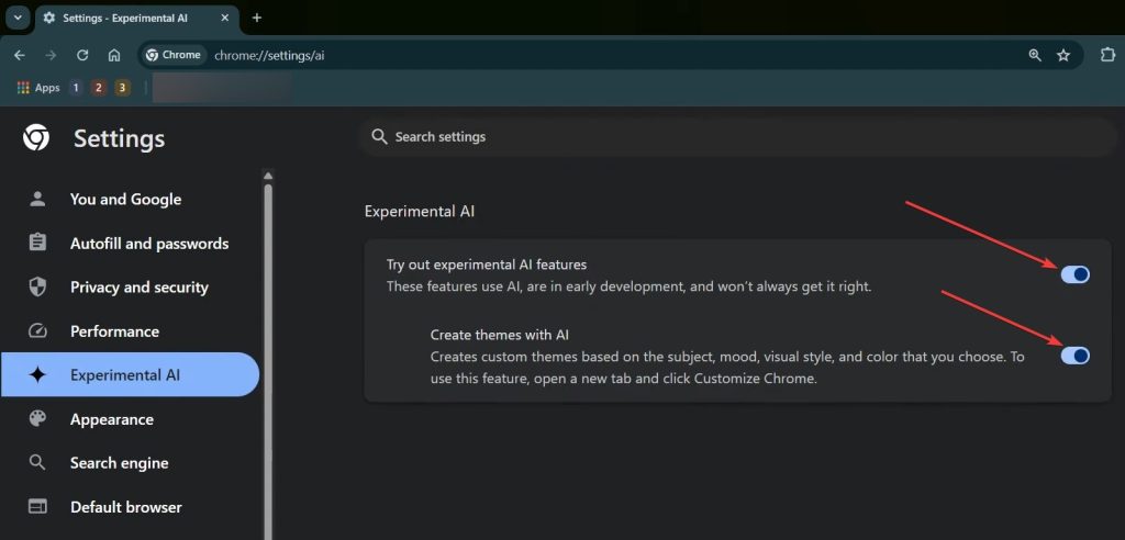 Impostazioni AI sperimentali in Chrome con interruttori attivabili