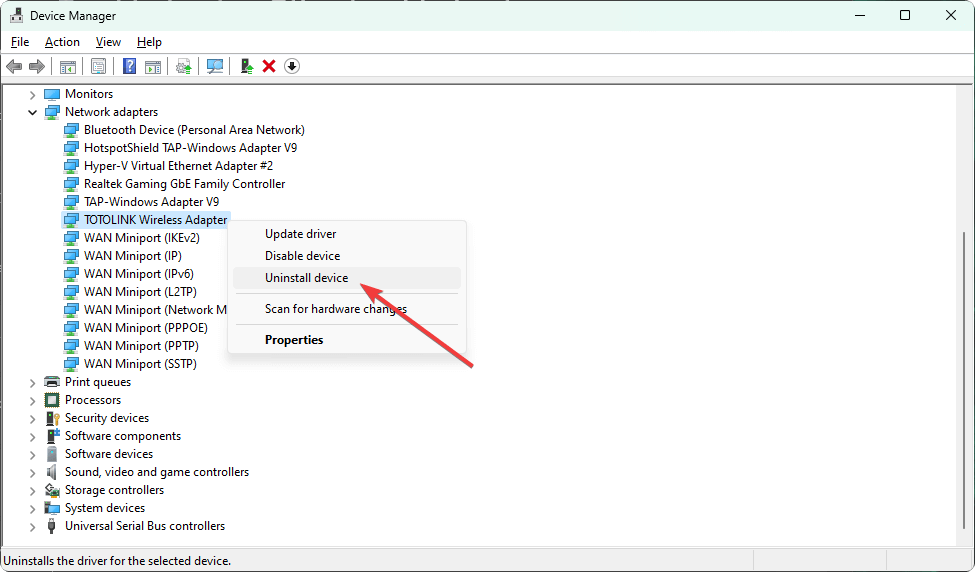 Удаление адаптера в Диспетчере устройств