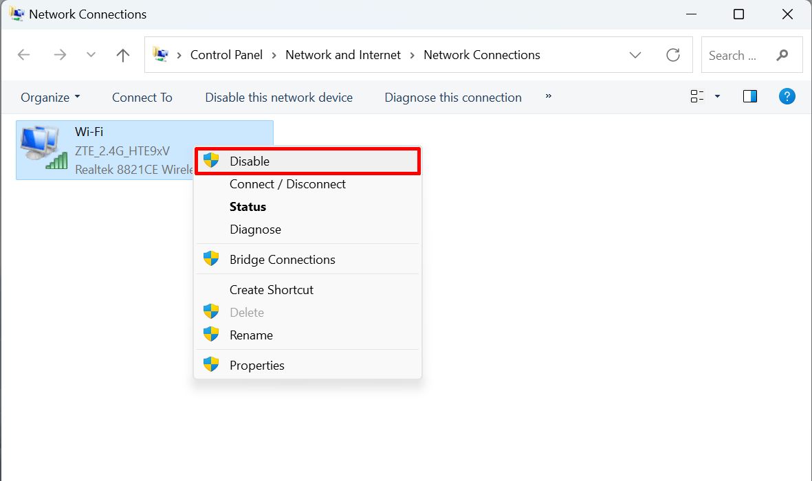 Отключение Wi‑Fi адаптера в Панели управления