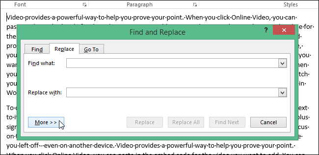Нажатие «Дополнительно» в диалоге Найти и заменить