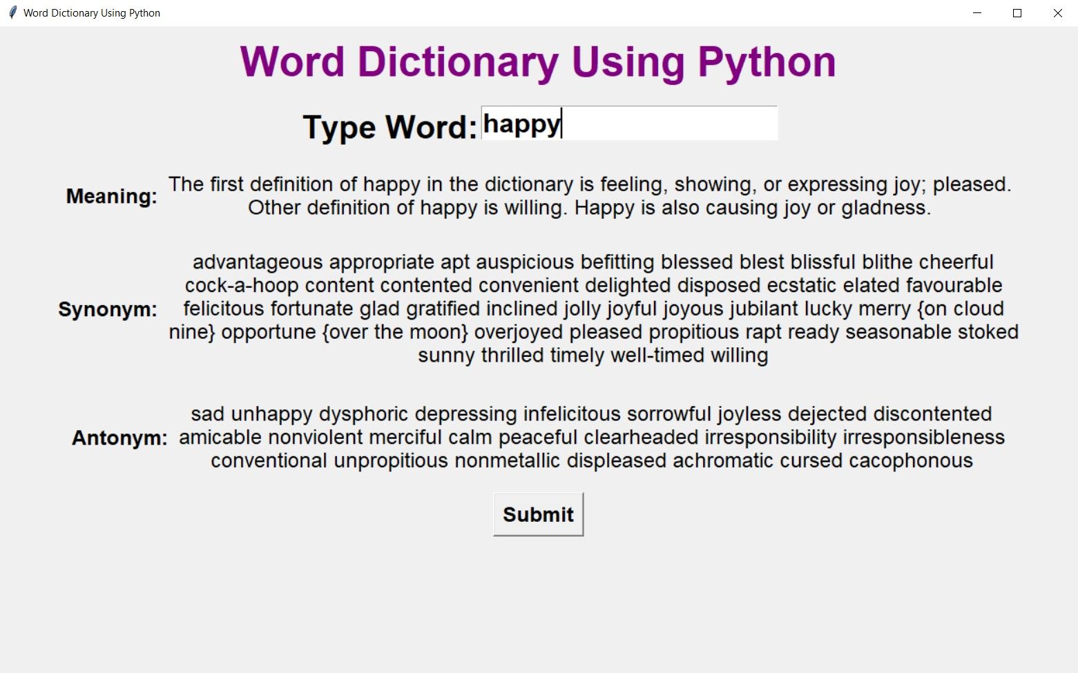 Окно приложения словарь с определением, синонимами и антонимами для слова