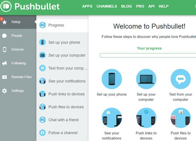 Установка Pushbullet — экран настройки приложения