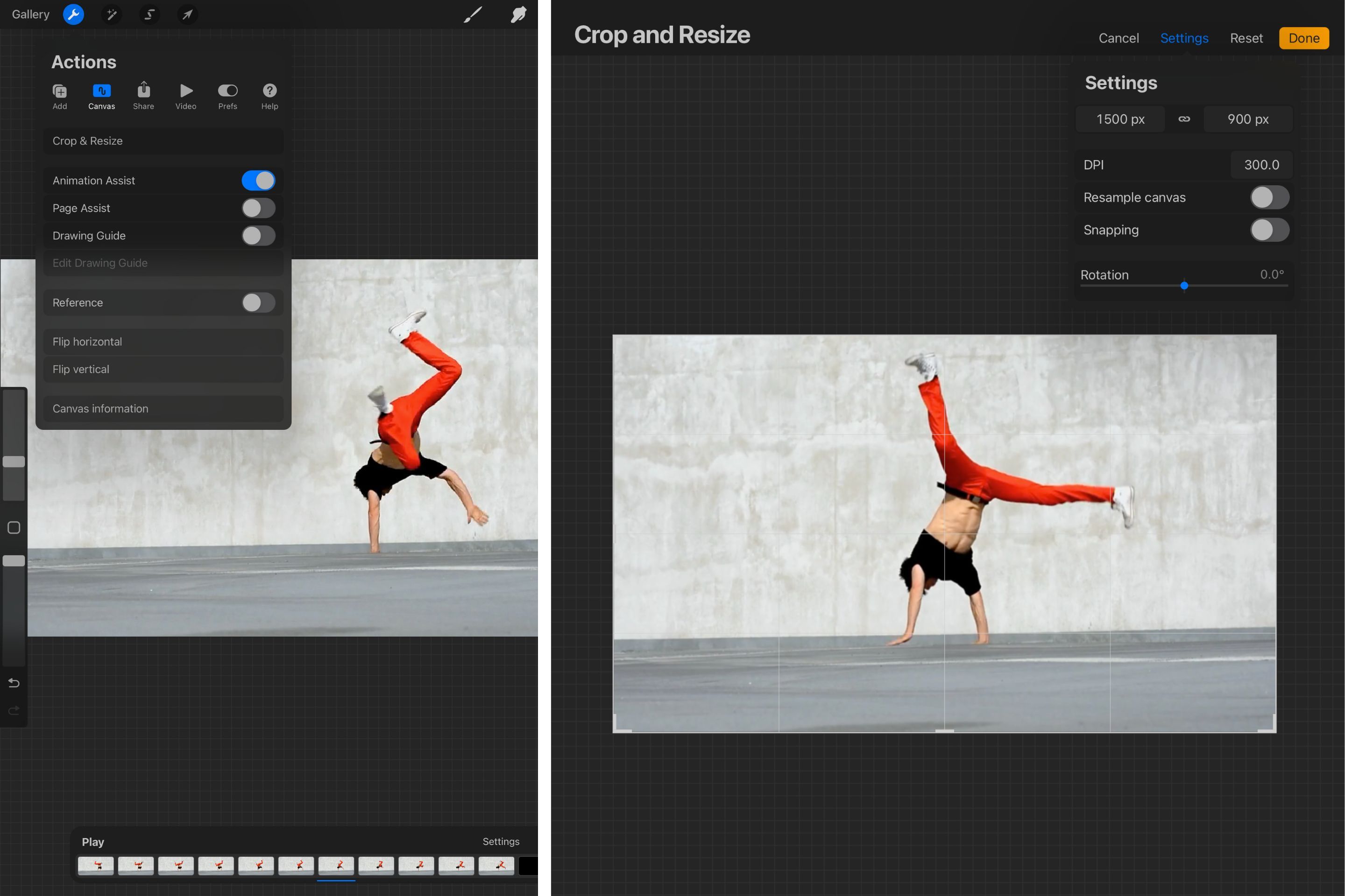 Two Procreate screenshots, displaying the canvas actions menu and the canvas settings pop-up.