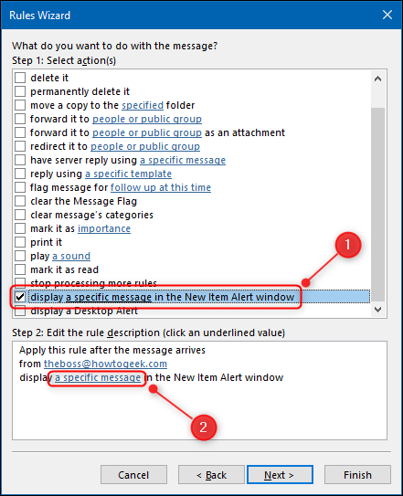Выбор действия «Display a Specific Message in the New Item Alert Window» и кнопки для ввода текста оповещения.