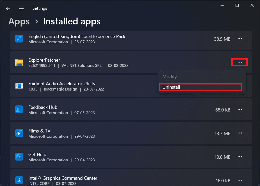 Opção de Desinstalar no menu de três pontos