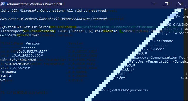 PowerShell: вывод установленных версий .NET Framework