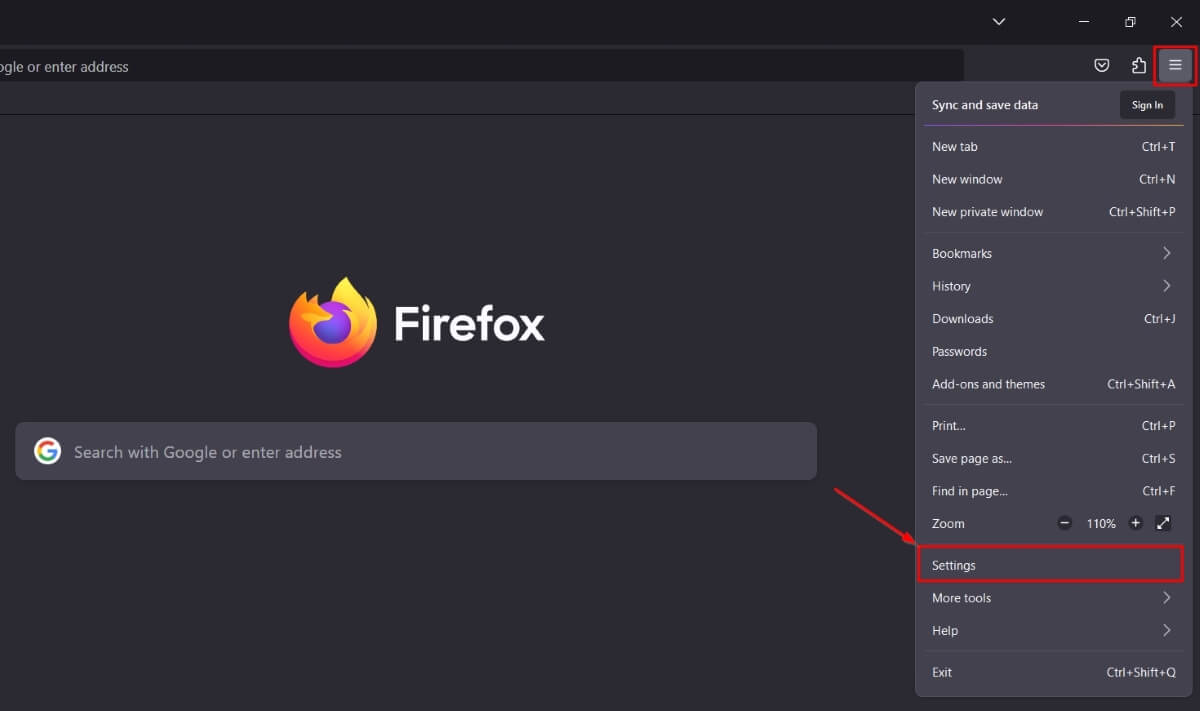 Открыть настройки Firefox