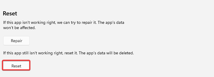 Кнопка Сброс для приложения в Параметрах Windows