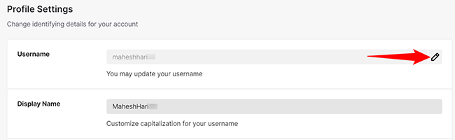 Нажмите иконку карандаша рядом с «Имя пользователя»