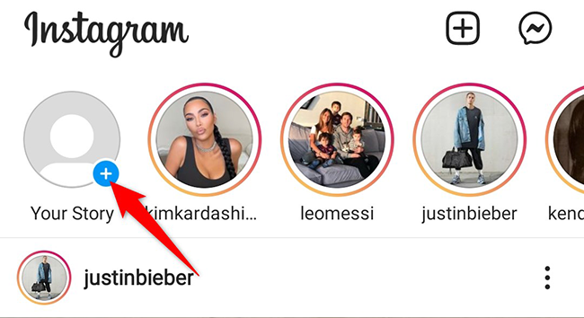 Нажмите «Ваша история» в верхнем левом углу экрана Instagram