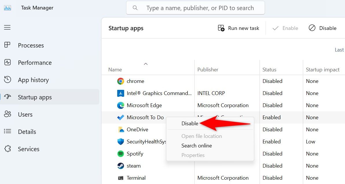 'Disable' highlighted for an app in Task Manager.