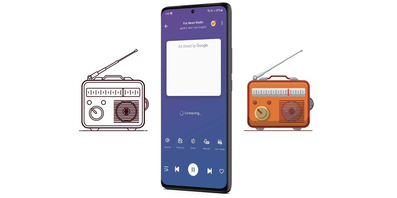 FM radio app running on an Android phone with a graphical illustration of two FM radios