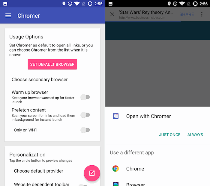 Настройка Chromer: выбрать браузер по умолчанию